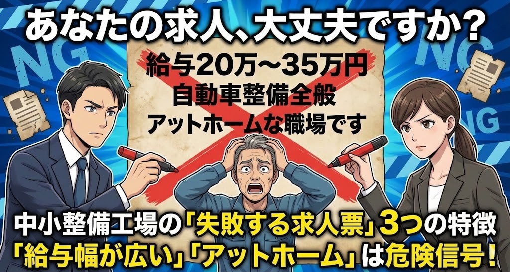 「給与幅が広い」「アットホーム」など、中小整備工場がやりがちな失敗する求人票のNG例を指摘するイラスト