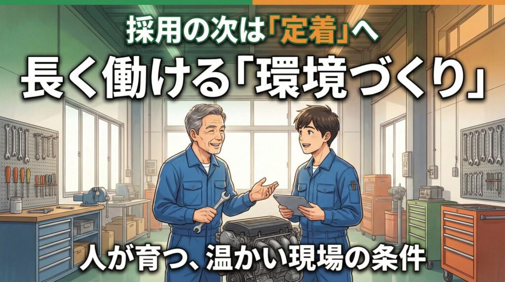 ベテラン整備士が若手に優しく指導している、長く働ける温かい職場環境を描いたイラスト