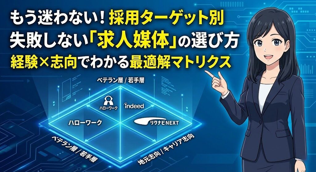 採用ターゲット別に最適な求人媒体の選び方を示したマトリクス図。経験×志向でハローワーク、Indeed、リクナビNEXTを比較。