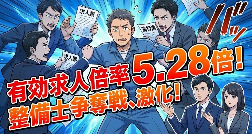 有効求人倍率5.28倍という厳しい状況で、一人の整備士を複数の企業が取り合っている争奪戦のイラスト