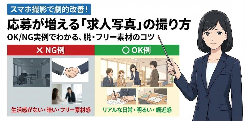 応募が増える求人写真の撮り方をNG例とOK例で比較した画像。暗いオフィス写真はNG、明るくリアルな日常写真はOK。