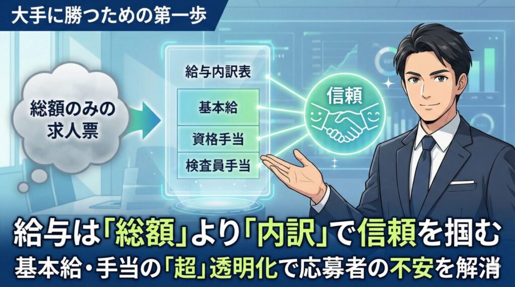 給与を総額だけでなく基本給や各種手当の内訳まで公開することで、求職者の信頼を得る方法を解説するイラスト