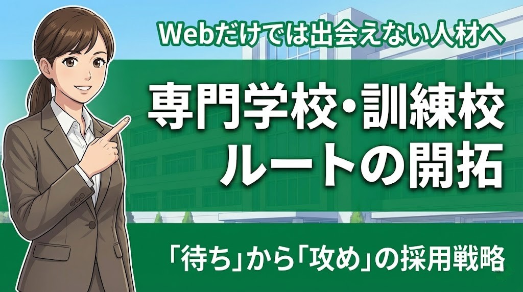 Web求人だけでなく専門学校や職業訓練校へのルート開拓を提案する女性コンサルタントのイラスト