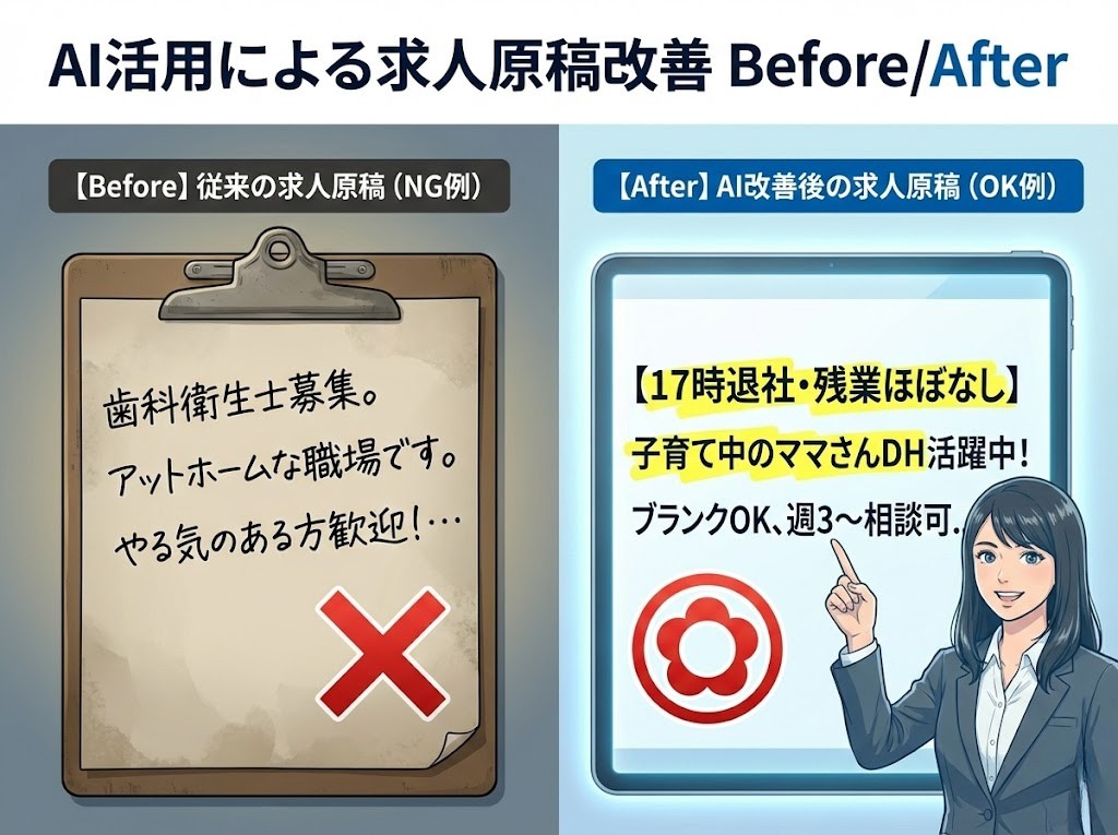 AI活用による歯科衛生士求人原稿の改善を示す比較イラスト。左側は内容が抽象的で魅力の伝わりにくい従来の求人原稿(NG例)、右側は勤務条件や働きやすさが明確になったAI改善後の求人原稿(OK例)が表示されている。