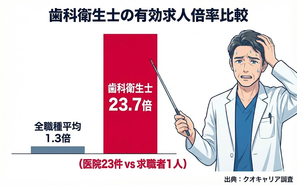 歯科衛生士の有効求人倍率を示す比較グラフのイラスト。全職種平均が1.3倍であるのに対し、歯科衛生士は23.7倍と非常に高く、採用難に悩む歯科医師の姿が描かれている。