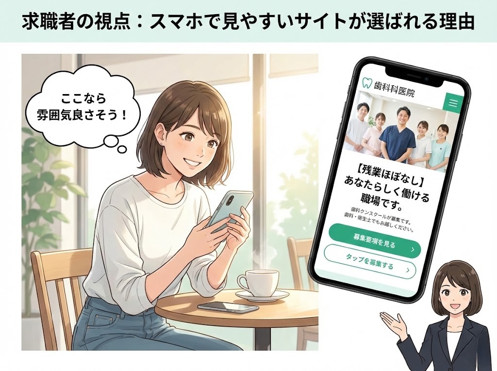 スマートフォンで歯科医院の採用サイトを閲覧する求職者のイラスト。画面には残業ほぼなしなどの働きやすい条件が分かりやすく表示され、職場の雰囲気が良さそうだと感じている様子が描かれている。