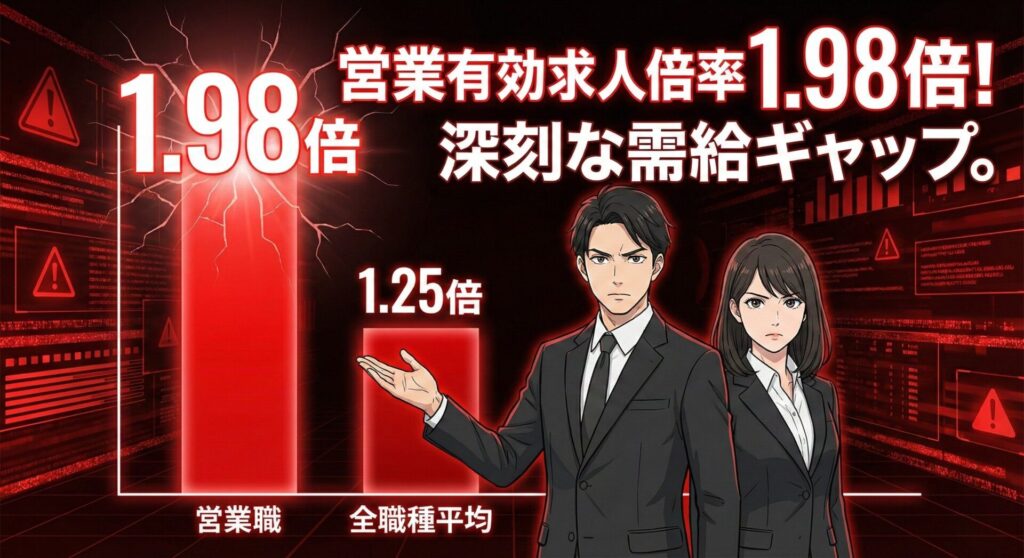 営業有効求人倍率1.98倍と全職種平均1.25倍を比較した棒グラフ。営業職の需給ギャップの大きさを示す。