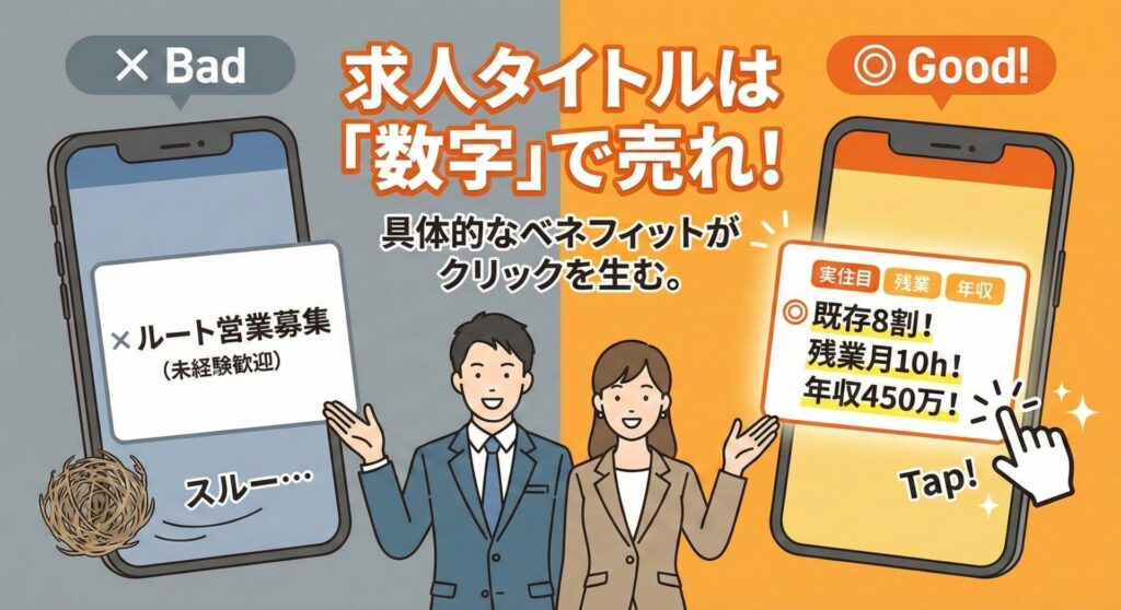 求人タイトルのBad/Good比較図。数字でベネフィットを示すとクリックが増えることを表している。