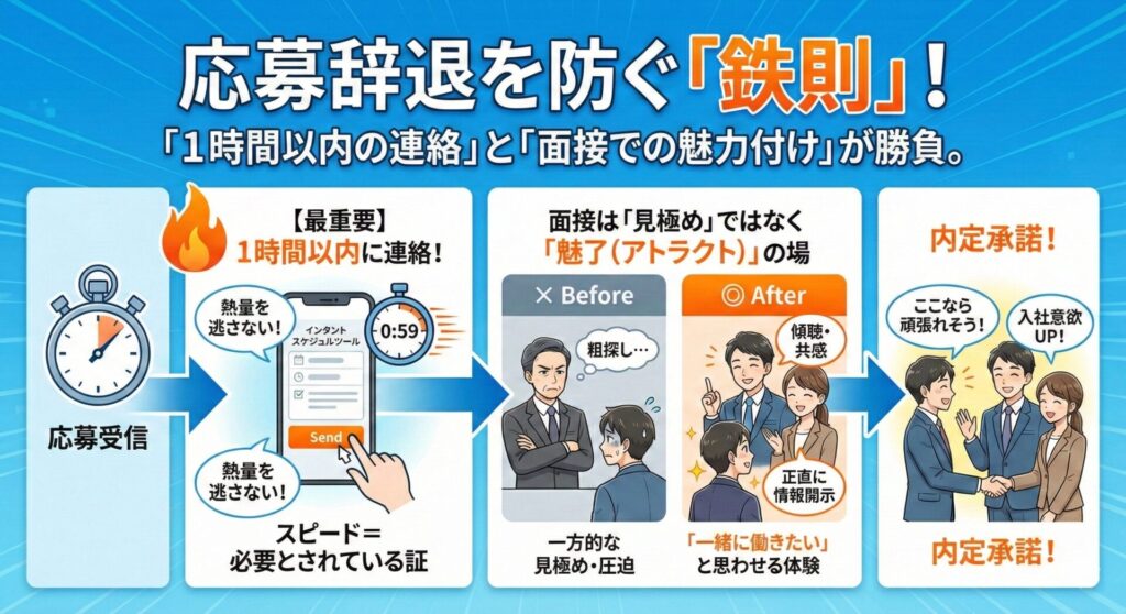 応募辞退を防ぐ鉄則を示す図。応募受信後1時間以内の連絡と面接での魅力付けで内定承諾へ導く。