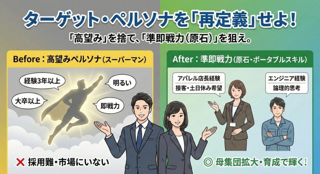 採用ターゲットのBefore/After図。高望みペルソナから準即戦力（原石）へ再定義し母集団を拡大する内容。