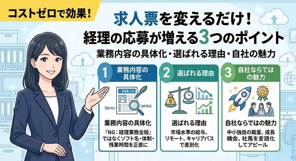 経理の応募が増える求人票の見直し3つのポイント(業務内容の具体化、選ばれる理由、自社の魅力