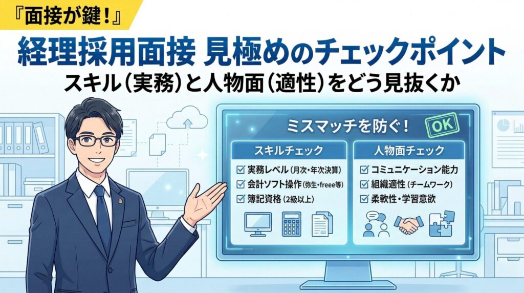 経理採用面接で見極めるべきスキル面(実務・ソフト・資格)と人物面(適性)のチェックポイント