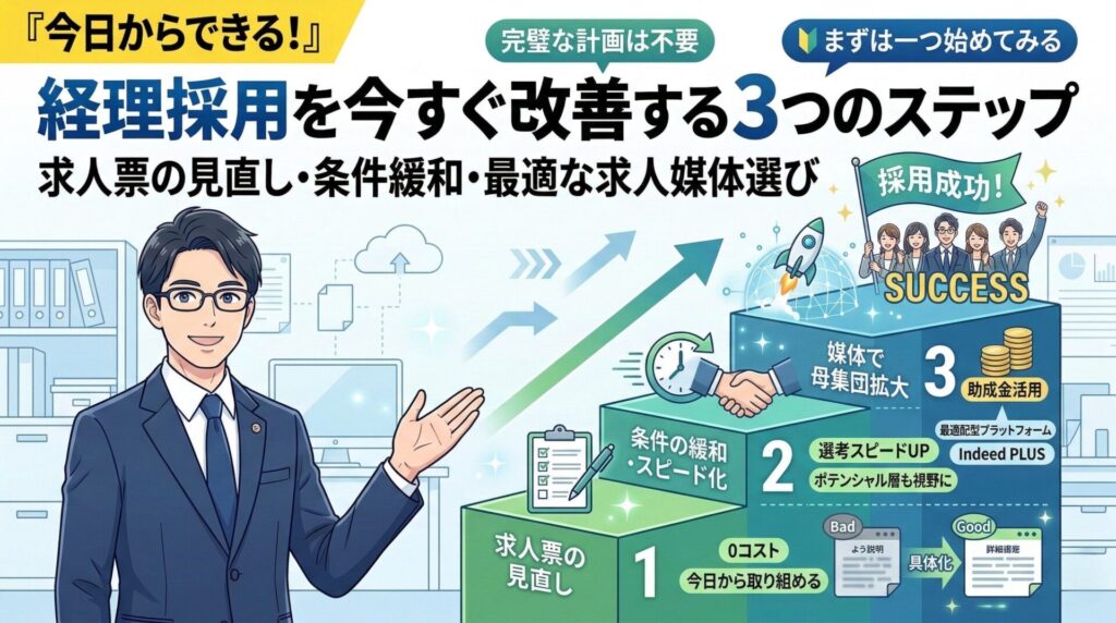 経理採用を今すぐ改善する3つのステップ(求人票の見直し・条件緩和・媒体選び)の図解