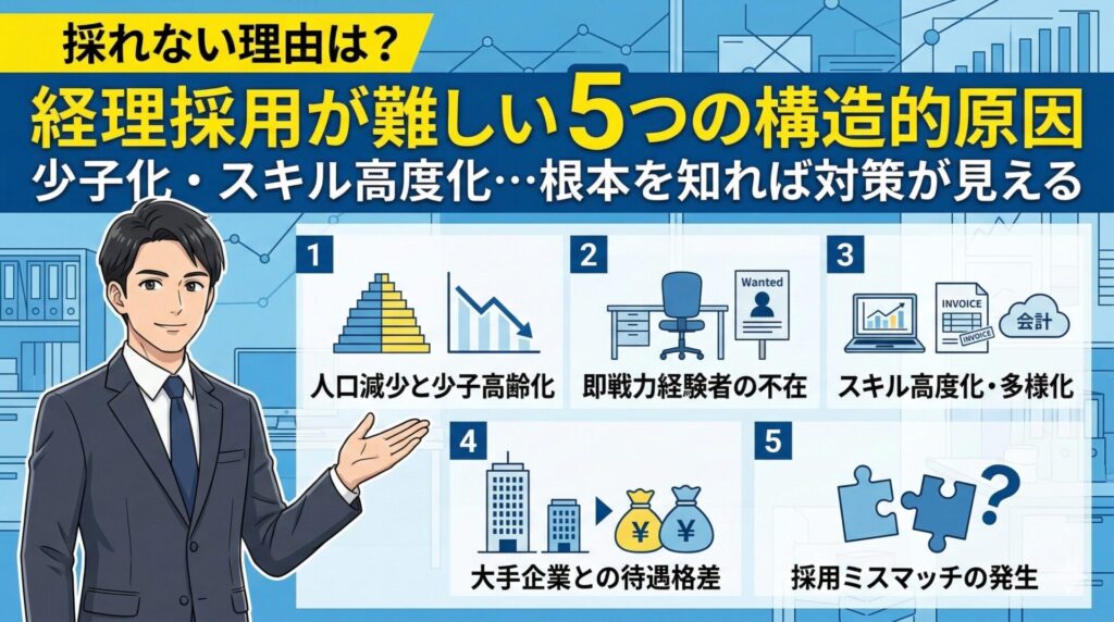 経理採用が難しい5つの構造的原因を示す図解