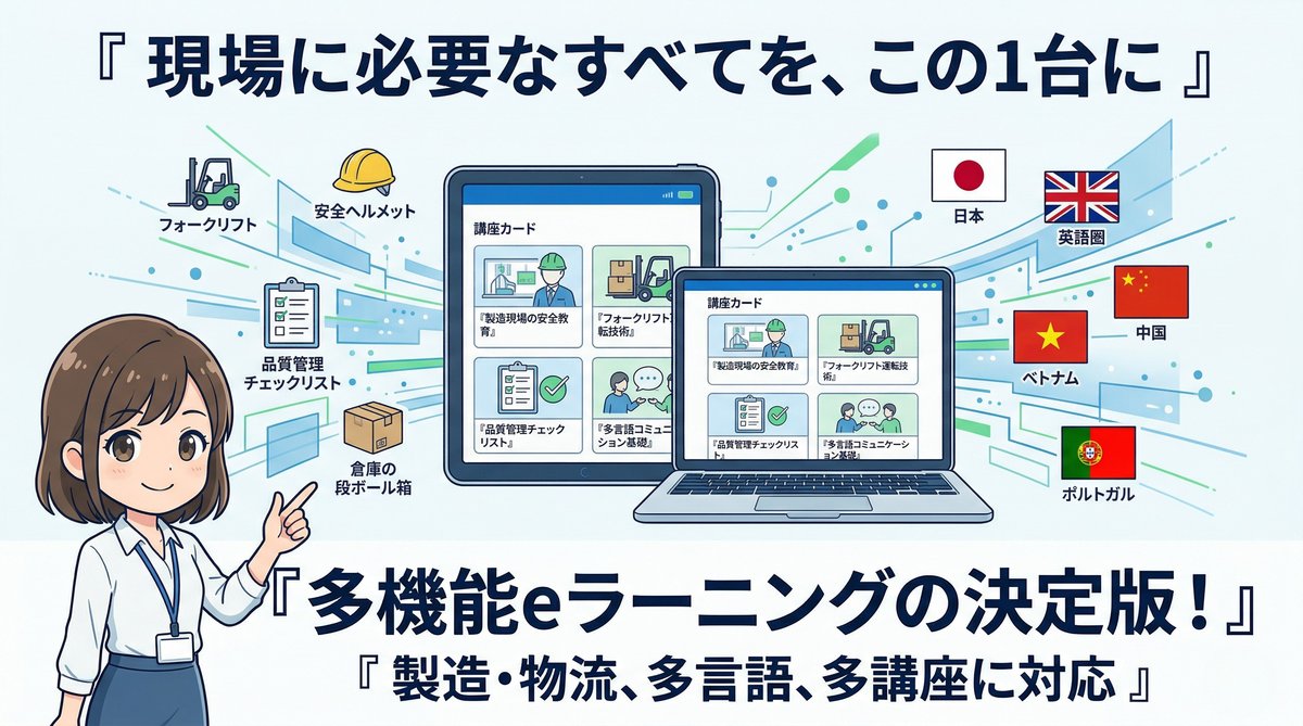 現場業務に役立つ講座と多言語対応を示すクロスラーニングの機能イラスト