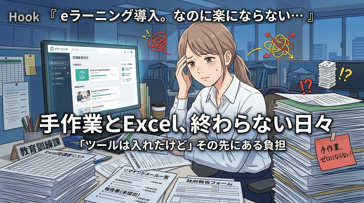 eラーニングを導入しても手作業の運用負荷が残る担当者のイラスト