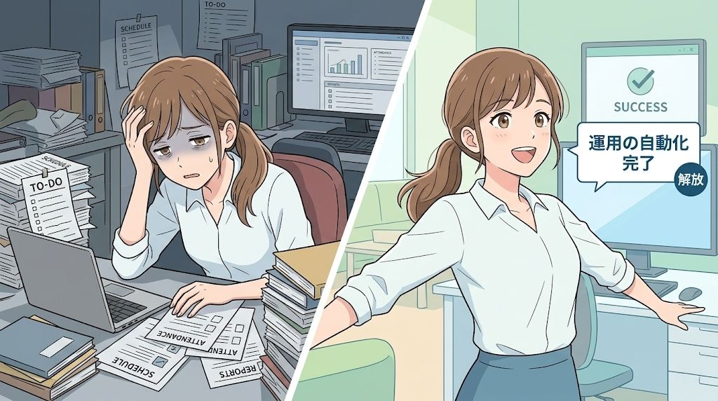 派遣の教育訓練の運用を自動化する前後の比較イラスト。煩雑な書類業務に追われる担当者と、自動化完了により解放された笑顔の担当者。