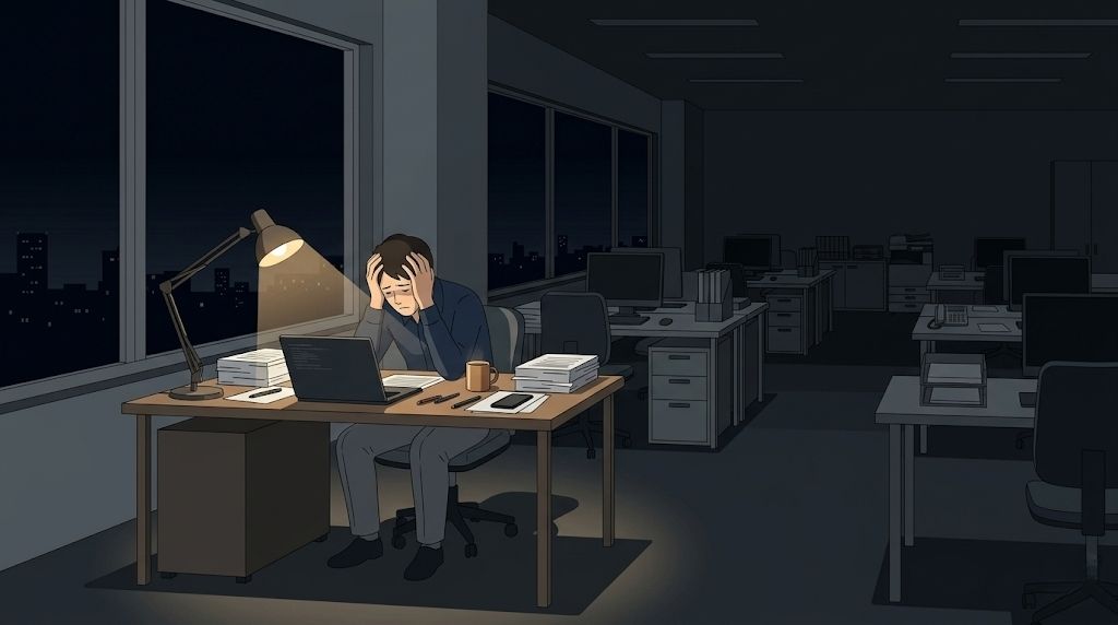 夜のオフィスで一人頭を抱えて悩む、派遣会社の教育訓練担当者のイラスト。業務過多や孤独な労働環境。