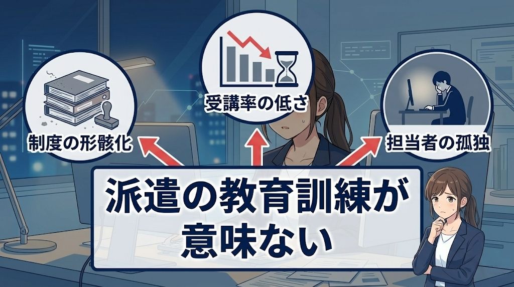 派遣の教育訓練が意味ないと言われる3つの課題（制度の形骸化・受講率の低さ・担当者の孤独）を図解したイラスト。