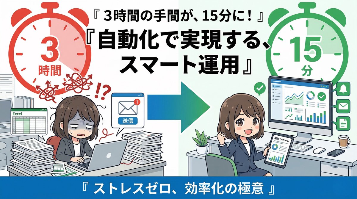 受講管理の手動3時間が自動化で15分に短縮されるBefore/After図解