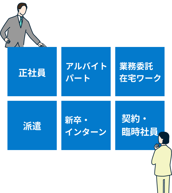 正社員、アルバイト・パート、業務委託・在宅ワーク、派遣、新卒・インターン、契約・臨時社員