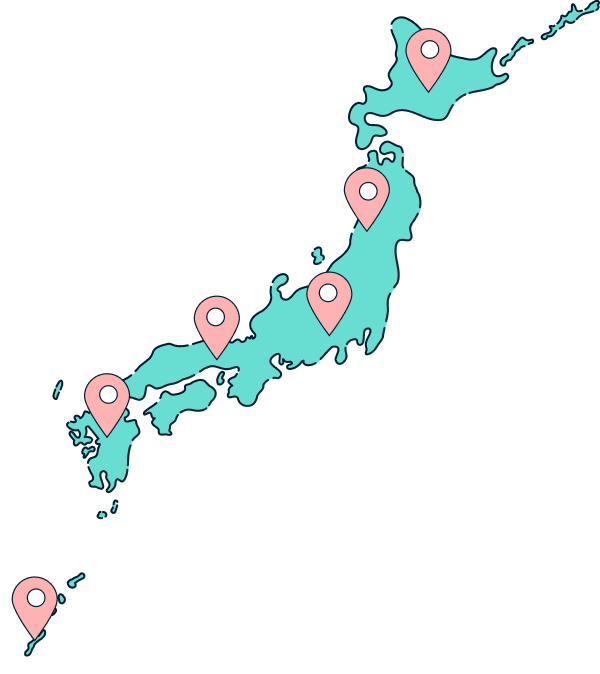 日本地図の各地にマップピンが刺さっているイラスト