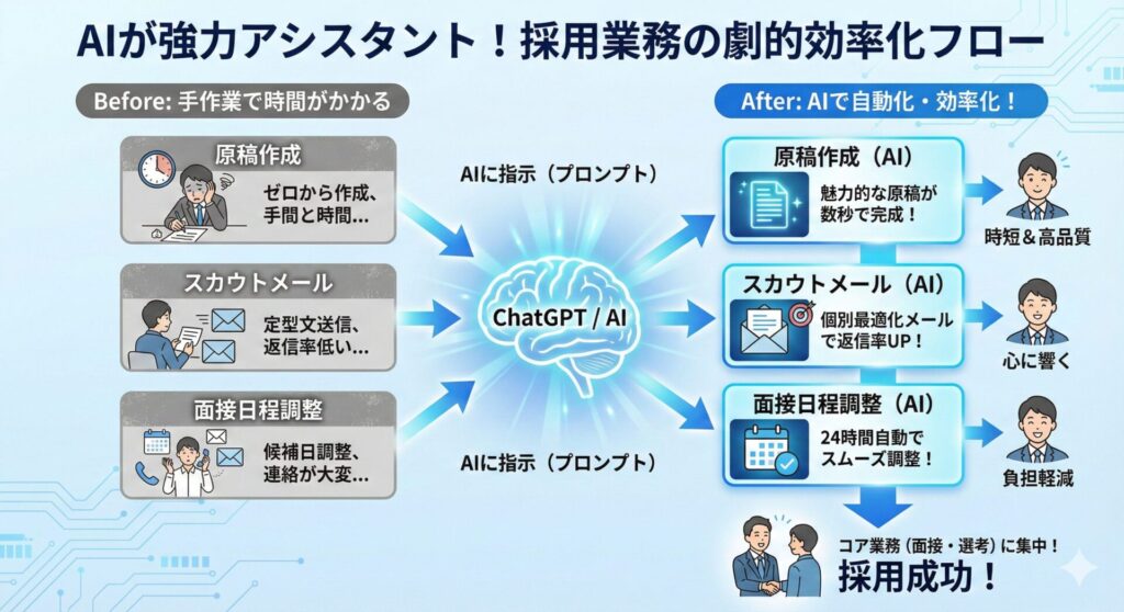 AI（ChatGPT）を活用して採用業務を効率化するフローを示す図。左側には「Before：手作業で時間がかかる」として、原稿作成・スカウトメール・面接日程調整の3つの手間が紹介され、それぞれ人が苦労しているイラストが描かれている。中央には「ChatGPT / AI」の脳のイラストがあり、矢印が右側の効率化プロセスへ向かっている。右側には「After：AIで自動化・効率化！」として、AIが原稿作成、スカウトメール、自動日程調整を行い、時短や品質向上、返信率向上、負担軽減などのメリットが示されている。最後に担当者がコア業務に集中でき、「採用成功！」と強調されている。