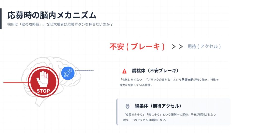 応募時に働く脳内メカニズムを説明する図。中心には脳のイラストがあり、左側に「STOP」と書かれた赤い手のマークが配置され、不安がブレーキとして作用することを示している。右側には青いロケットのアイコンがあり、期待がアクセルとして働くことを示唆している。上部には「不安（ブレーキ）＞期待（アクセル）」と大きく表示されている。右側の説明欄には、扁桃体が「失敗したくない」「ブラック企業かも」という防衛本能により行動を抑制するブレーキとして働くこと、線条体が「成長できそう」「楽しそう」といった期待があると行動を促すアクセルになるが、不安が強いと機能しないことが説明されている。