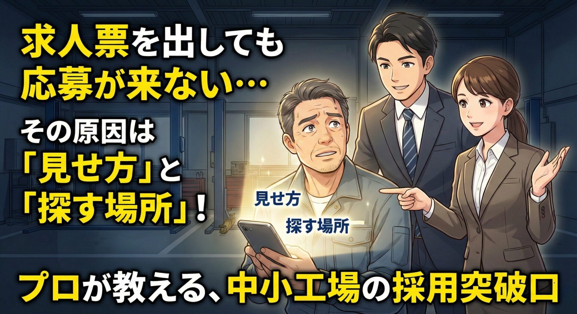 求人に応募が来ない原因が情報の「見せ方」と「探す場所」にあるとアドバイスするコンサルタントのイラスト