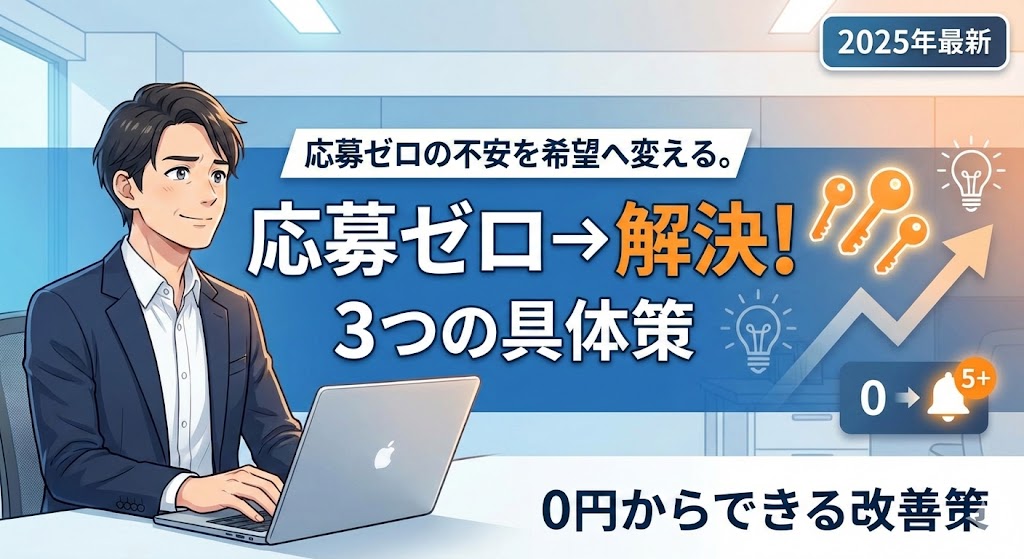 応募ゼロを解決する3つの具体策を紹介するアイキャッチ画像。パソコンを操作する男性のイラストと鍵のアイコン。