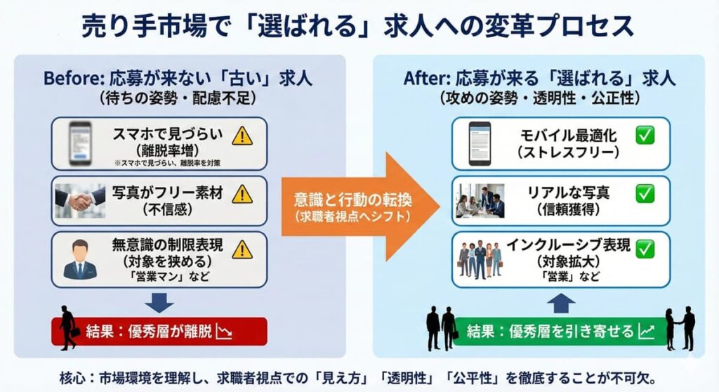 売り手市場で選ばれる求人への変革プロセスを示すBefore/After対比図。