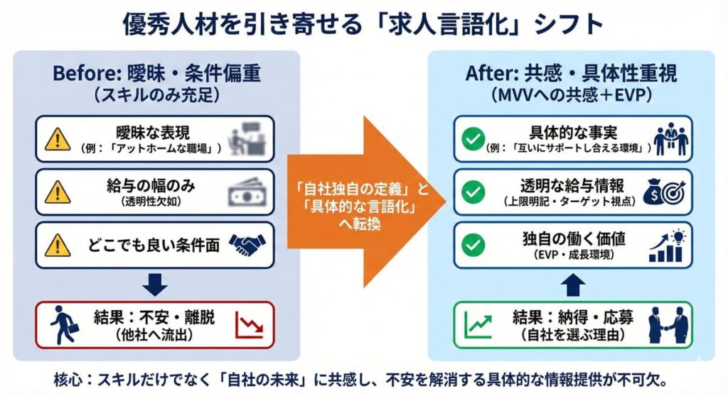 自社に合う優秀な人材の定義図。スキルと価値観、独自の報酬（EVP）の重要性。