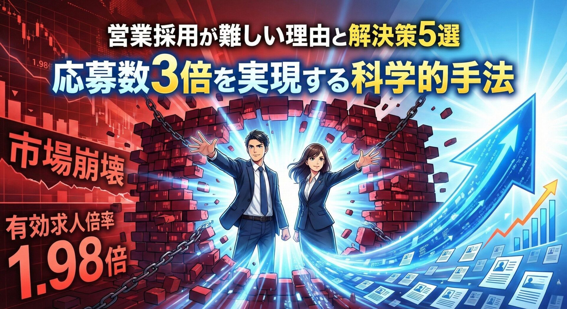 営業採用の課題を突破し、応募が増えるイメージ（壁を破る人物と伸びるグラフ）