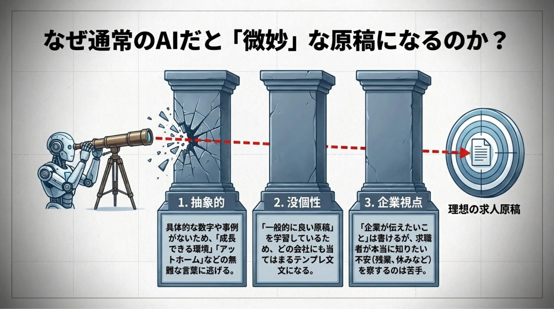 通常のAIだと求人原稿が微妙になりやすい理由を、抽象的、没個性、企業視点の3つで解説した図