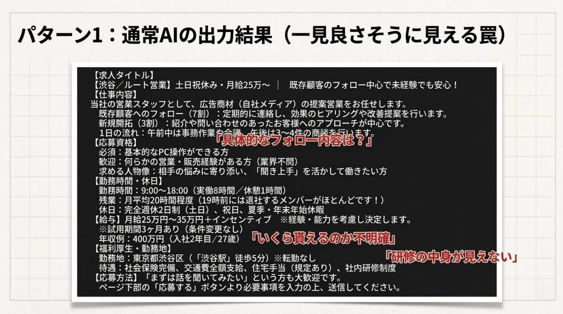 通常AIが生成した一見良さそうに見えるが具体性や訴求力に欠ける求人原稿の例