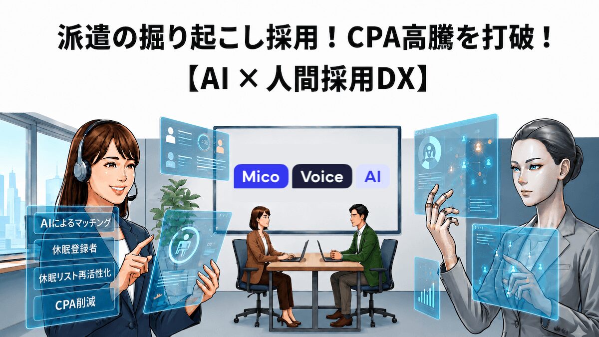 未来的なオフィスでAI（システム画面やロボットの抽象イメージ）と人間のコーディネーターが笑顔で協力して働いている、スタイリッシュな採用DXのイメージ画像