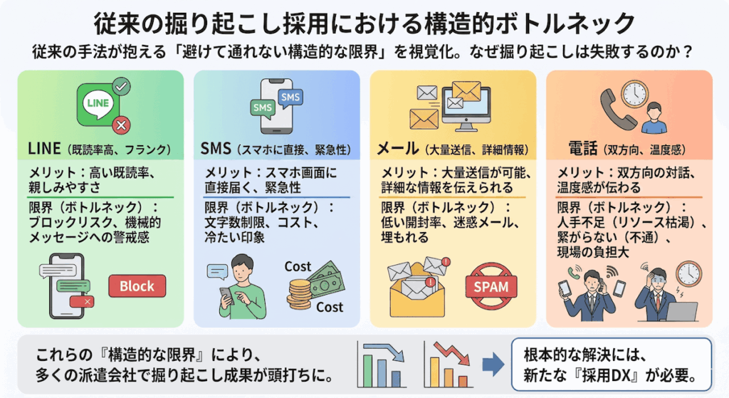 LINE・SMS・メール・電話による派遣登録者アプローチのメリットと限界をまとめた比較図解