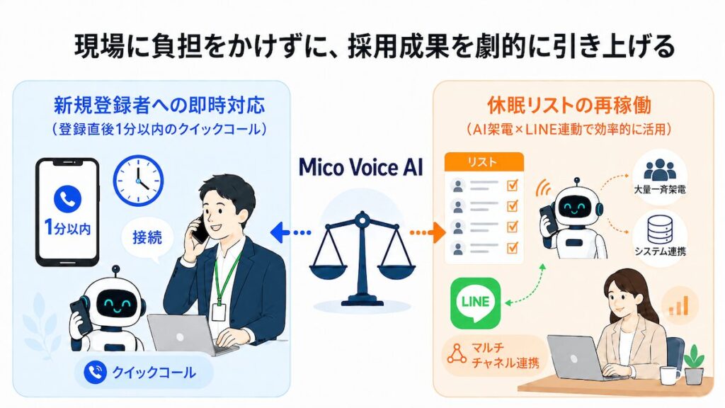 Mico Voice AIによる新規登録者への即時対応と休眠リスト再稼働の2軸採用DX戦略図